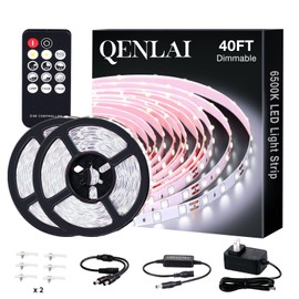 QENLAI 40ft White LED Strip Lights, Upgraded 6500K Dimmable Tape Lights with Remote and Plug, 12V 720 LEDs Flexible Cuttable Led Light Strips for Bedroom Ceiling Kitchen Under Cabinet(2pcs of 20ft)