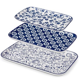 vancasso Serving Platters Set of 3, 16"/14"/12" Inch Rectangular Trays - Serving Platter Extra Large, Ceramic Serving Dish Microwave & Dishwasher Safe (Vintage Blue B)