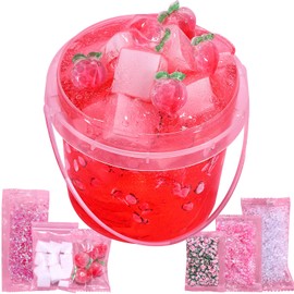 Premade Peach Pink Jelly Cube Glimmer Crunchy Crystal Slime, Includes 6 Sets of Add-ins, Sensory and Tactile Stimulation, Stress Relief, Party Favors for Girls & Boys