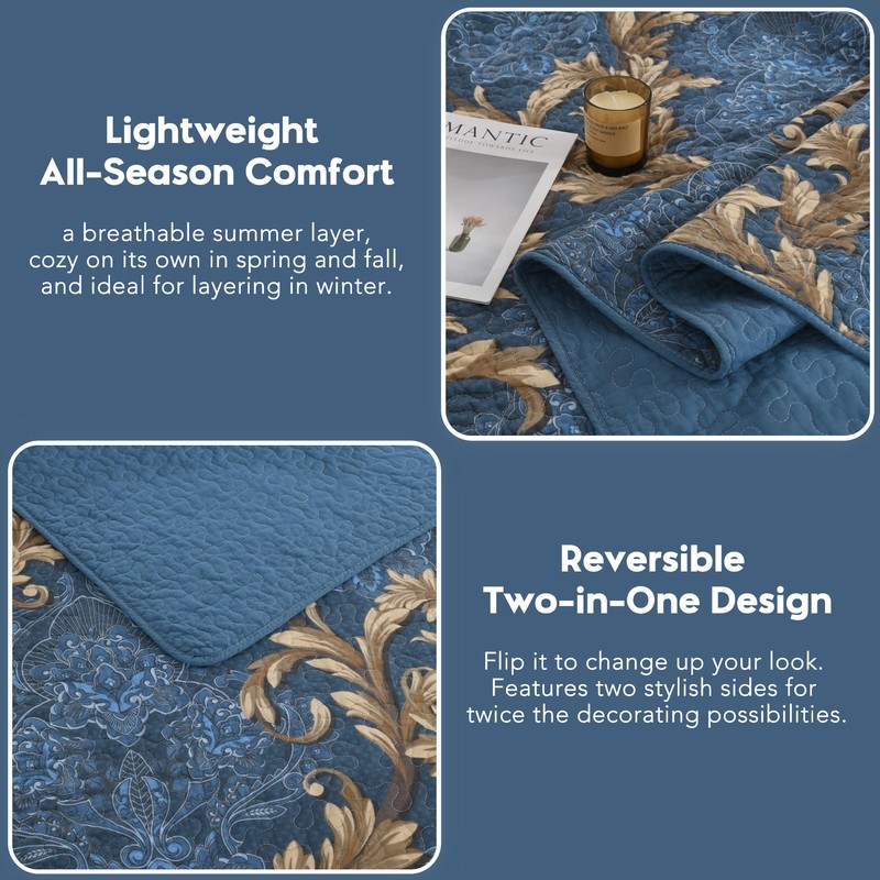 Qiqiong 100% Cotton Elegant Floral King Quilt Set, Denim Blue