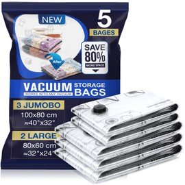 Vacuum Bags for Duvets, Pack of 5, 3 Jumbo 100 x 80 cm, 2 Large 80 x 60 cm, Vacuum Bags for Clothing, Reusable Vacuum Bags for Clothes, Large Can be Used for Travel and Daily Storage