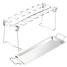 SHIKORI Chicken Leg Rack for Grill, Easy to Use 12 Slots Chicken Wing Rack, Premium Stainless Steel Chicken Drumstick Rack for Grill Accessories-with Drip Tray