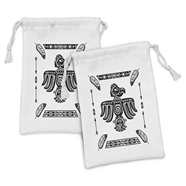 Lunarable Eagle Fabric Pouch Set of 2, Tattoo Art Design Inspired by Prehistoric Cultures Mexican Peruvian Heritage Totem, Small Drawstring Bag for Toiletries Masks and Favors, 9" x 6", White Black