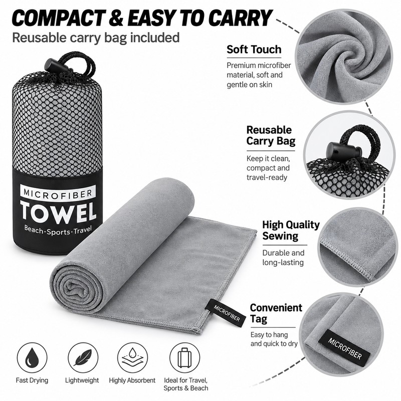 Microfiber Travel Towel for Beach & Gym – Quick-Dry Super