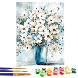 Bimkole DIY White Flowers Paint by Number Kits Blue Bottle on Canvas, Acrylic Paint Beginner Drawing Paintwork with Paintbrushes Perfect for Relaxation and Home Wall Decor Arts 16x20 inch