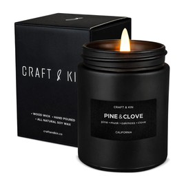 Craft & Kin Premium Pine & Clove Candle | Black Scented Candles for Home | Long Lasting with 45 Hour Burn Time, 7.6oz | Soy Candles | Aromatherapy at Home