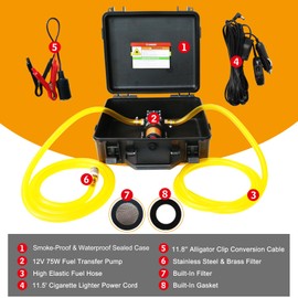 12V Fuel Transfer Pump Set,75W Gasoline Transfer Pump Moves 110 Gallons Of Gas Per Hour, with High Elastic Fuel Pipe & 2 Power Cables, Great for Vehicles, Boats, Equipment (110GPH-SET)