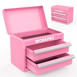 WORKPRO Mini Metal Tool Box with 2 Drawers and Top Storage, Small Tool Chest with PVC Liners and PP Feet Pads, Cold Rolled Steel Toolbox with Magnetic Tab - Pink Ribbon