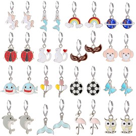 Girls Hypoallergenic Dangle Hoop Earrings Set Cute Silver Huggie Hoop Earrings with Unicorn Mermaid Charm (16 Pairs)