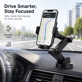 Car Phone Mount for Navigation – Adjustable Height Suction Cup Holder for Dashboard or Windshield Driving