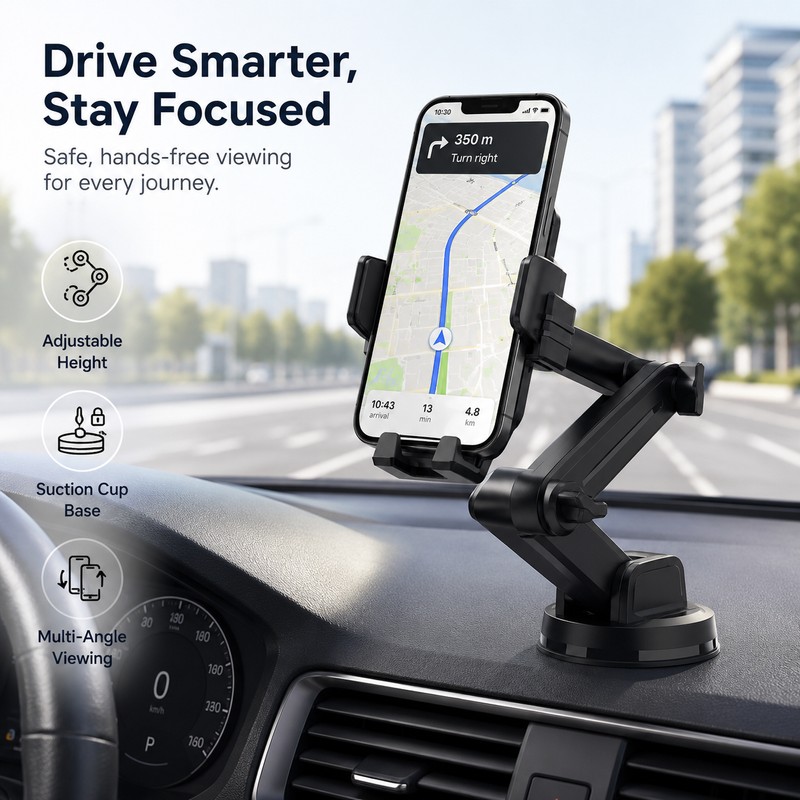 Car Phone Mount for Navigation – Adjustable Height Suction Cup