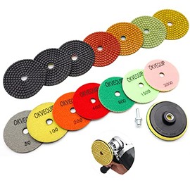 OKVEQUIP 8Pcs Diamond Polishing Pads Granite Sanding 4 Inch Wet Dry for Stone Quartz Concrete Marble Floor Grinder Polisher 50#-3000# Grit with 5/8Inch-11 Drill Adapter and Hook and Loop Back Holder