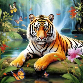 Meecaa Cross Stitch Kits 11 Count Stamped, Tiger Animal Butterfly Waterfall Embroidery Kit with Accessories Pre Printed (40CMx40CM) (Tiger)