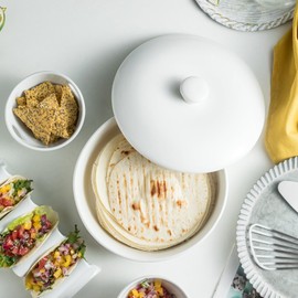MISSYSSIM Tortilla Warmer, Embossed Tortilla Holder Servers with Lid, 8.8 Inch - Taco Tuesday, Taco Bar, Microwavable Storage Container, Ceramic Bread Warmer Pancake Warmer - Oven Safe, White