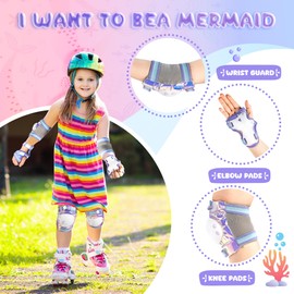 NEMONE Mermaid Knee Pads for Kids, Girls Boys Knee Elbow Pads Wrist Guards with Drawstring Bag, Adjustable Reflective Protective Gear Set for Roller Skates Bike Cycling Skateboard Scooter Purple M