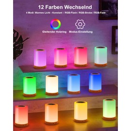 REYLAX Bedside Lamp Touch Dimmable, Mood Light with 12 RGB Colours and 4 Modes, Bedroom Table Lamp Wireless, Warm White LED Night Light with Timer, Decorative Night Lamp for Children's Room and
