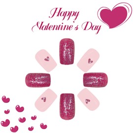 24Pcs Glossy Purple Love Heart False Nails Medium Square Valentines Press on Nails Purple Love Heart Fake Nails Sparkly Silver Stick on Nails Romantic Gift Gel Glue on Nails for Coquette Women Girls