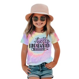 KEKEMI Kid Girls First Day of School Shirts Hello Kindergarten T-Shirt Back to School Outfit Preschool Tees Tie Dye Tops 4-6T(Kindergarten-Purple1,4-5T)