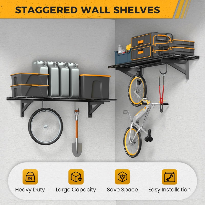Jusgym 2 Pack Garage Wall Shelving with 4 Hooks, 1x4ft,
