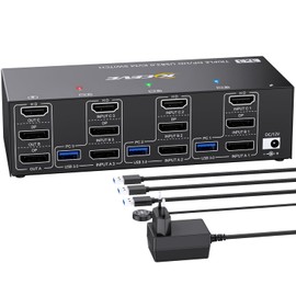 KVM Switch 3 PC 3 Monitors 8K @ 60Hz 4K @ 144Hz, Triple Monitor HDMI + 2 Displayport KVM Switch for 3 PC Parts 3 Monitors and 4 USB 3.0 Devices with 12 V DC Power Supply, Wired Remote Control and 3