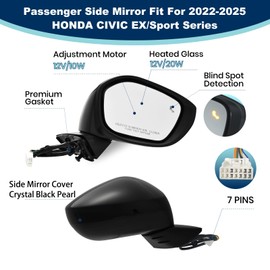 xingsichuang Right Passenger Side Mirror For (2022 2023 2024 2025) HONDA CIVIC Sedan/Hatchback With Power Glass, Heated, Blind Spot Detection and Manual Folding Match to Crystal Black Pearl (7 Pins)