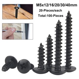 FandWay Phillips Round Head Self Tapping Screws, M5 x 12/16/20/30/40mm, Black Carbon Steel Mushroom Head Wood Screws, Truss Head Self Drilling Screws Assortment Set (20-Pieces/each)