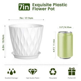 Meowell 7 inch Plant Pots for Indoor Outdoor Plants, 5 Pack Thick Nursery Pots with Drainage Holes and Saucers, 3D Modern Wave Texture Plastic Planter Pots for Flowers and House Plants, White