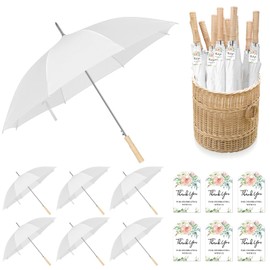 Cosblank 6 Pcs 41 Inch White Wedding Umbrellas, Large Canopy Wedding Stick Umbrellas Wooden Handle Windproof Rain Umbrella for Outdoor Wedding Bride Groom Photography Decor
