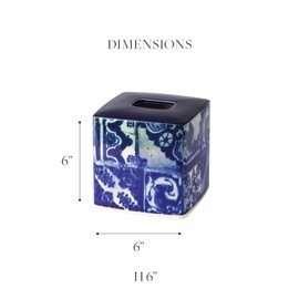 Costa Nova Ceramic Boutique Tissue Box Cover - Lisboa Collection, Blue Tile | Stoneware Bathroom Accessories | Quality Bath Decor | 8'' x 9.75'', 203 oz.