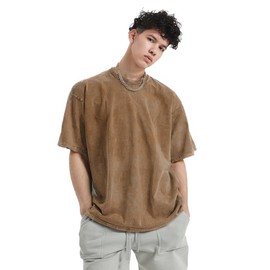 Men's Oversized t-Shirt Cotton Unisex Short Casual Vintage Short Sleeves wash Solid Basic tee Tops,Khaki 30