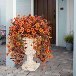 FOUSUKA Artificial Fake Fall Hanging Flowers Plants for Outdoors Autumn Decoration, 4 Pack Faux Silk Mums UV Resistant for Outside Home Indoor Planters Porch Patio Balcony Yard Decor (Orange Brown)