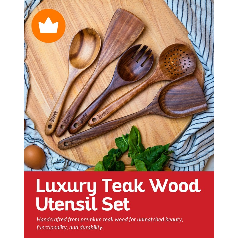 Boxiki Kitchen Luxury Teak Wood Utensil Set - Elegant 6-Piece