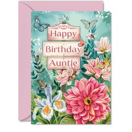 Auntie Birthday Card - Nature Floral Garden - Beautiful Happy Birthday Card for Auntie from Niece Nephew, 5x7 Inch Female Floral Bday Mothers Day Greeting Cards