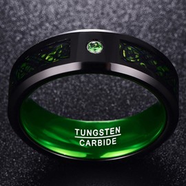 Vakki Tungsten Carbide Wedding Band / Ring, with Zircon and Dragon Inlay, Comfort Fit, Sizes L to Z, 8 mm, Black and Red, Tungsten, Black + Green