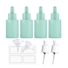 AGENIZ 4 Pack 1oz Glass Dropper Bottle,Green Glass Dropper Bottles with 2 Funnels & 2 Lotion Pumps,30 ml Eye Dropper Bottles For Essential Oils,Serums,Lotion,Tincture Bottles (C -Green)