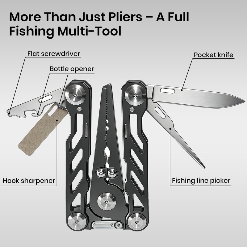 Pristis Fishing Pliers with Multitools, Titanium Coated Stainless Steel
