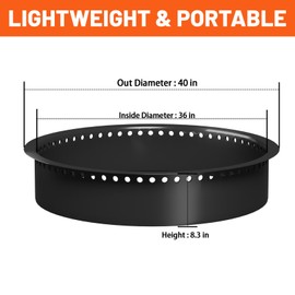 Outdoor 40-Inch Outer/36-Inch Inner Fire Pit Ring Smokeless,Duty Solid Metal Steel Round Firepit Rim Insert for DIY Fire Pits, Outdoor Above or In-Ground, Black