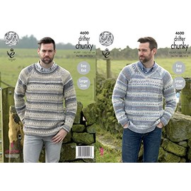 King Cole Mens Chunky Knitting Pattern - Easy Knit Round or V Neck Sweater with Ribbed Detail (4600)