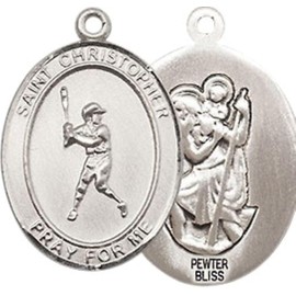 Mens Medium Oval Pewter Saint Christopher Baseball Medal Pendant on 24" Rhodium Plated Heavy Curb Brass Chain w/ Lobster Claw Clasp, Catholic Religious Necklace - Made in USA-Velvet Gift Box