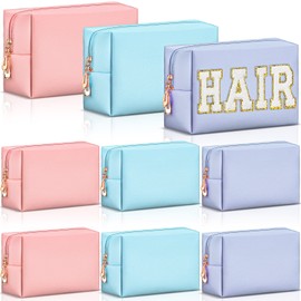 9 Bolsas de Maquillaje de Preppy Bolso Cosmético de Cuero PU Estuche Cosmético Neceser Impermeable Estuche de Lápices Monedero de Viaje Organizador Cosmético (Rosa, Azul, Púrpura)