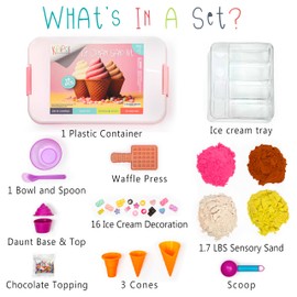Kipipol Ice Cream Shop Play Sand for Kids - Sensory Bin - 29 pcs Ice Cream Toy Sand Box w 1.7 LB Moon Sand, 9 ice Cream Sand Toys - Pretend Play Sensory Toys for Girls and Boys Age 3 4 5 Year and Up