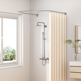 U Shaped Shower Curtain Rod, Adjustable Corner Shower Curtain Rod for Bathroom, Clothing Store, Stainless Steel with 12 Ring Hooks & Ceiling Support [Both Sides: 23.6"-52", Middle: 31"-46.7"] (Silver)