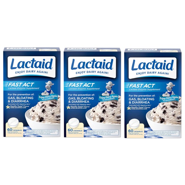 Lactaid Fast Act Tablets Vanilla Twist Flavor - 60 Tablets, Pack of 3