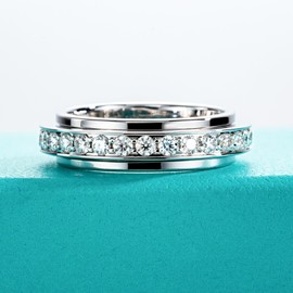 AnuClub Moissanite Gear Spinner Rings 2mm 0.84cttw D Color VVS1 Moissanite Fidget Bands Eternity Rings for Women 7