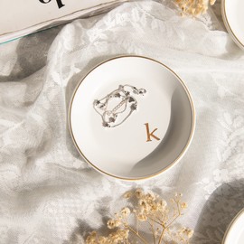 COLLECTIVE HOME - Wood Jewelry Tray, Decorative Monogram Trinket Dish for Rings Earrings Necklaces Bracelet Watch Keys, Birthday Mother's Day Christmas Gift for Women, 4.75" (k)