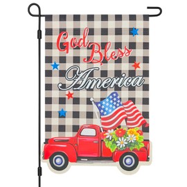 Vigor Home God Bless America Patriotic Truck Garden Flag Double Sided 12×18 Inch,Memorial Day Independence Day Veterans Day Buffalo Plaid Small Vertical Yard Flags Outdoor Lawn Porch Decoration