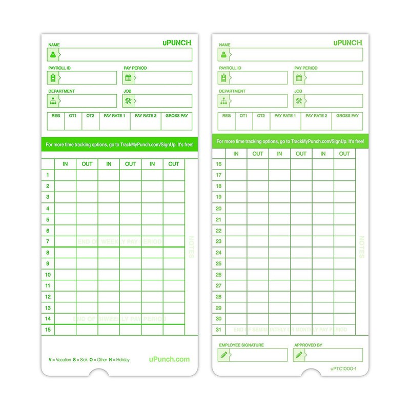 100 uPunch Time Cards for HN3000