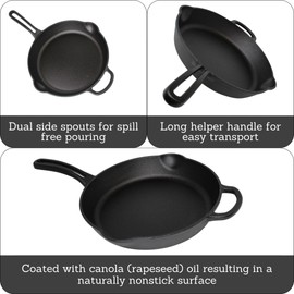 Mirro MIR-19052 10" Pre-Seasoned Ready to Use Round Cast Iron Skillet with Helper Handle, Black