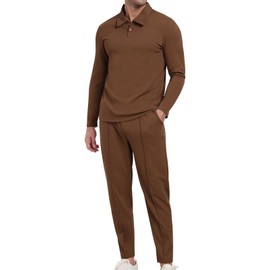 KUYIGO Men's Tracksuits Polo 2 Piece Long Sleeve Pullover Tracksuit Set Sweatshirt and Jogging Bottoms Waffle Top Pants Casual Sports Activewear Golf Suit, brown