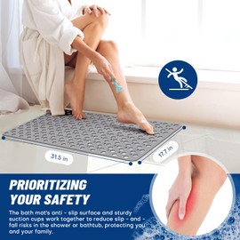 Non-Slip Bathtub Mat 31.5"x17.7" - 200+ Suction Cups, Quick-Dry PVC Shower Mat with Drain Holes - Slip Resistant for Bathroom, Machine Washable Grip Mat
